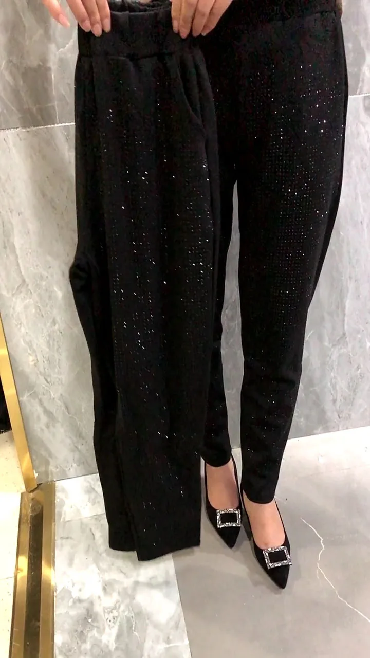 Calça casual de strass feminina, elástico na cintura, calça harém preta solta, moletom grande, bolso da moda, quente, 7XL, outono, inverno, 2022