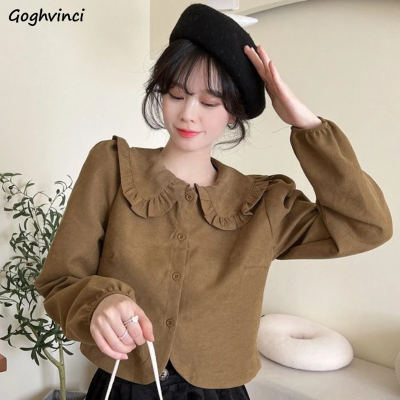 Shirts Women Sweet Vintage Solid French Style Gentle Peter Pan Collar Ruffles Simple Autumn Fashion All-match Casual Chic Loose