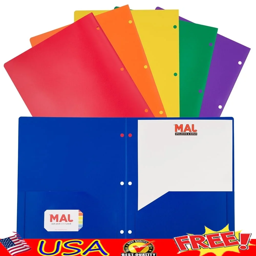 

Durable Plastic Folders with 3 Hole Punch 6 Pack Assorted Colors Two Pocket Design Business Card Slot Ideal School Office Home