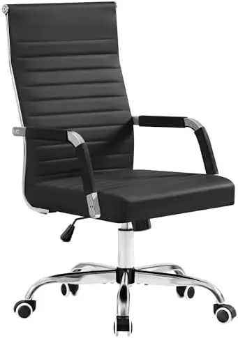 Ergonomic Office Desk Chair, Executive Ribbed Mid-Back PU Leather Conference Room Chair Adjustable Swivel Chair with