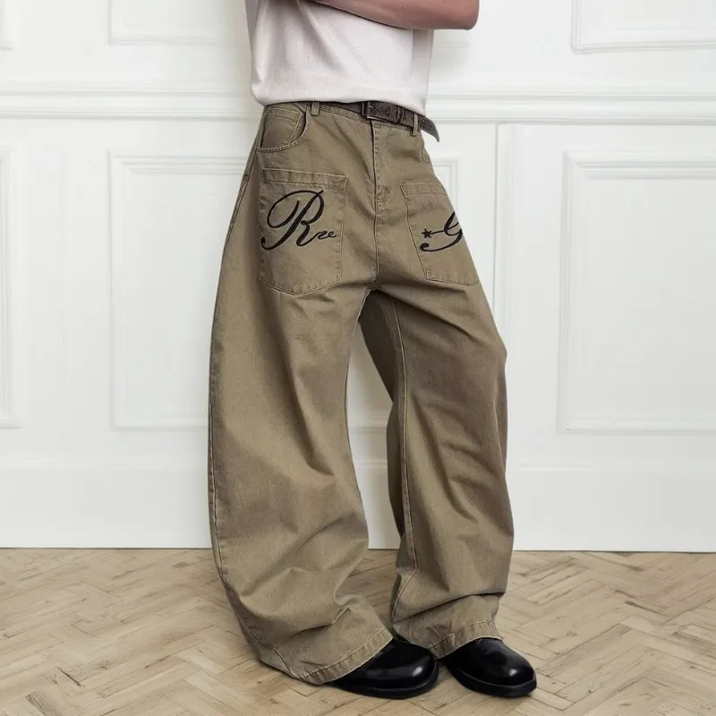 

Мужские потертые джинсы с вышивкой, уличный дизайн, свободные широкие брюки, модные брендовые прямые джинсовые брюки, осенние джинсы, новинка