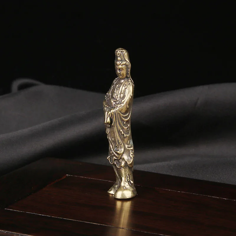 Brass Manjusri Bodhisattva Figurine Religious Guanyin Statue Holding Scriptures Handicraft Bronze Ware Home Decor Items