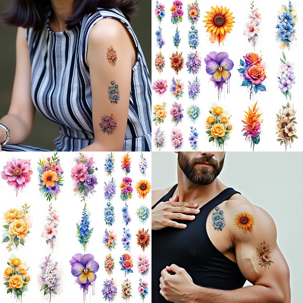 9 Uds. Tatuaje temporal de flores para mujeres y niñas, pegatinas de tatuaje temporal florales desechables impermeables, tatuajes artísticos para fiesta de Cosplay