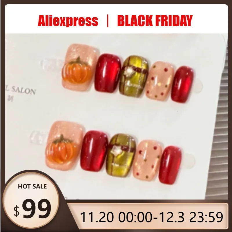 

10pcs Christmas Handmade Nails Red Polka Dot Cat Eye Pumpkin Diamond Short Press-On Nails Perfect Gifts for Girls and Friends