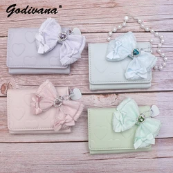 Handmade Japanese Style Sweet Lace Bow Pearl Love Handbag Pendant Lolita Bag Charms Girl Pu Love Embossed Short Wallet