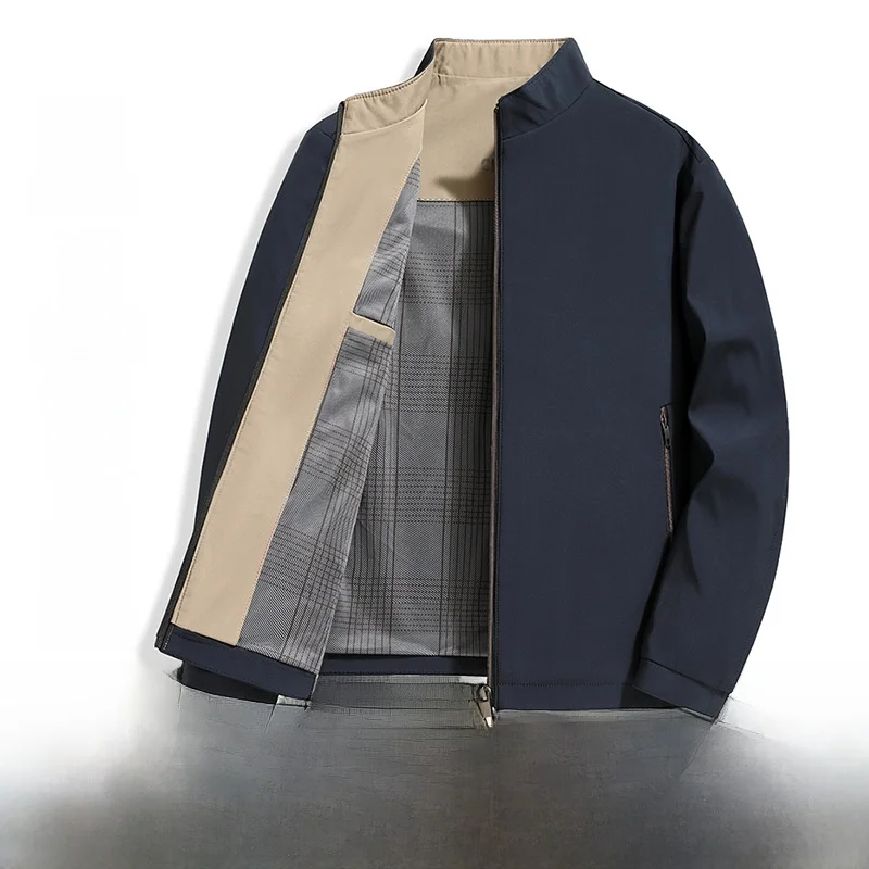 

Повседневная однотонная мужская куртка для мужчин среднего возраста, осенняя новинка, облегающая длинная куртка с воротником-стойкой, обычная, тонкая