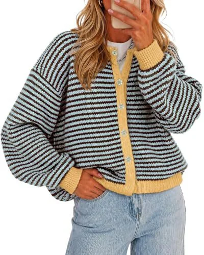 Women's Autumnal Color Block Striped Knitted Cardigan Long Sleeve Button Loose Short Sweater Outerwear