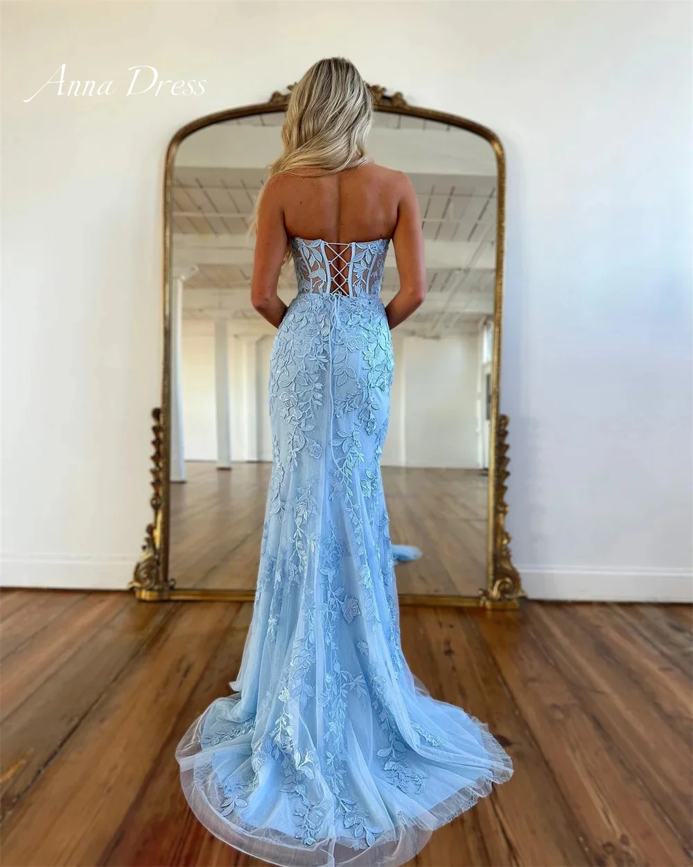 Anna Evening Dresses Woman Elegant Luxury Evening Dress 2024 Embroidered Lace Sky Blue Fish Tail Party Dress for Wedding Prom