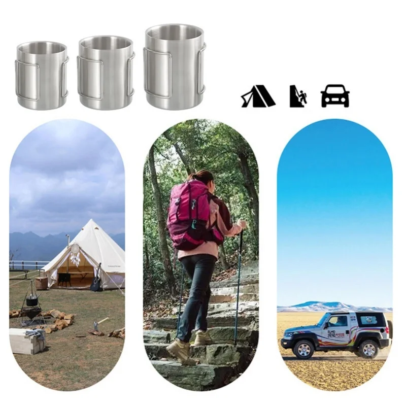 Camping Cup 200ml/300ml/400ml Stainless Steel Water Cup Tea Cup Coffee Mug With Foldable Handles For Outdoor Camping Hiking