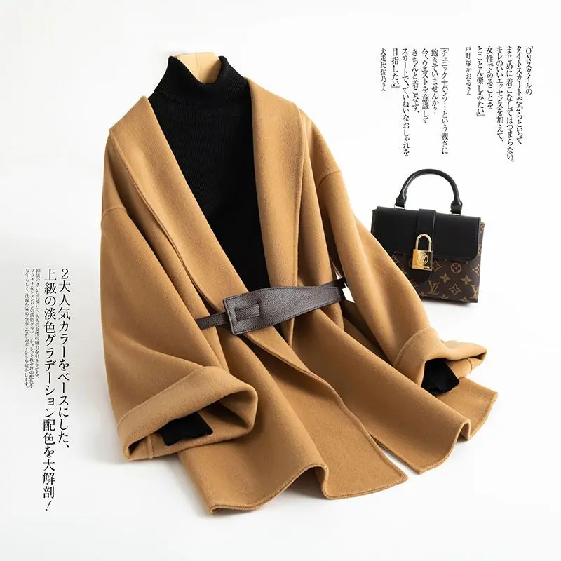 

Korean Style Double-sided Wool Cloak Coat Women Black Camel Woolen Belt Wooled Coats Cardigan 2025 Autumn Winter Outwear Clothes