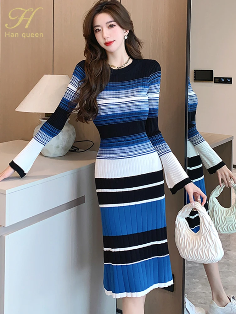 H Han Queen New Autumn Dresses Women Vintage Color Blocking Striped A-Line Vestidos Fashion Slim Party Casual Office Dress