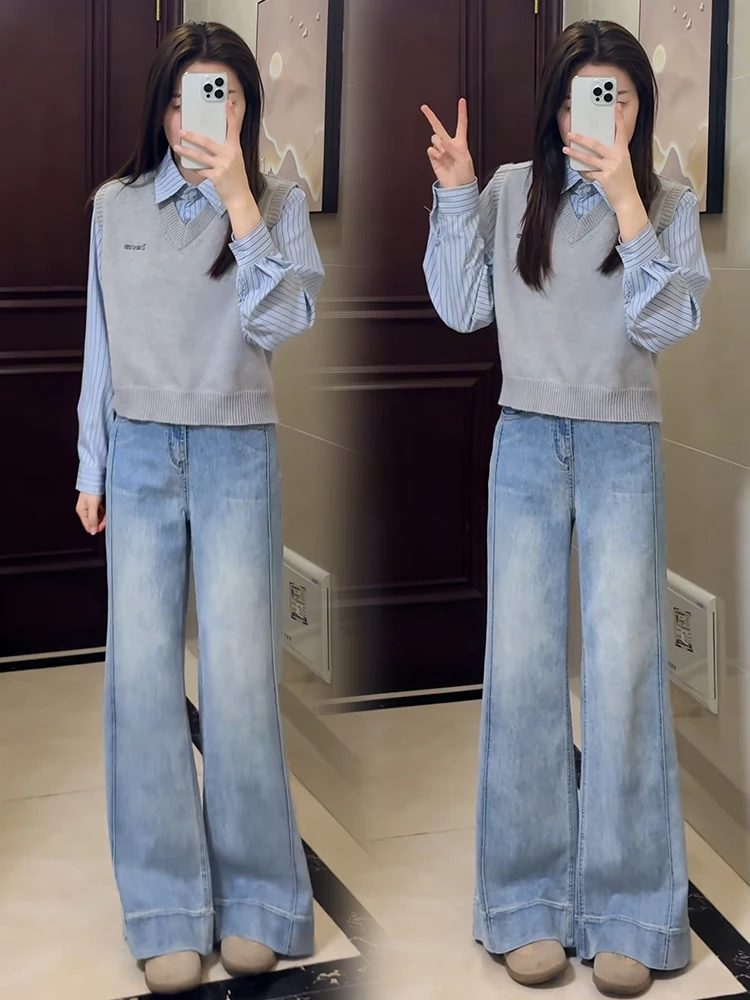 Pull tricoté amincissant pour femme, ample, Long, Sve v-ne, une pièce, faux ensemble deux pièces, nouvelle collection automne