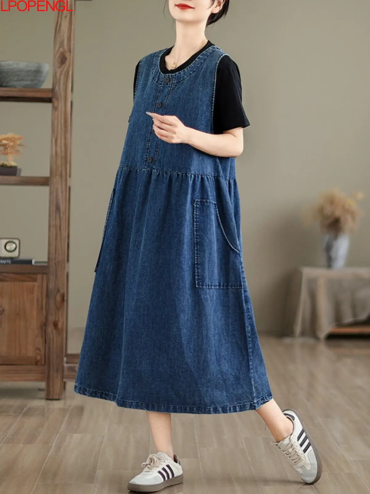 

2024 Woman Retro Solid Color Summer New Literary Loose Versatile Pullover Sleeveless Elegant Tank O-neck Mid-calf Denim Dress