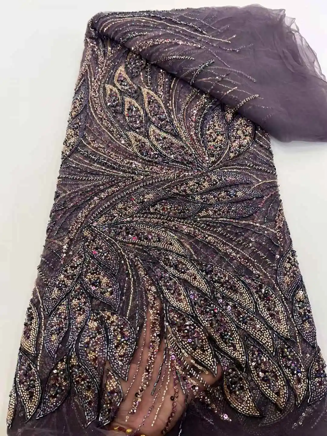 

2025 African Nigeria High-Quality Sequins Embroidery Tulle Lace Fabric mesh Dress Heavy tube Beads 5Yards for Wedding Party