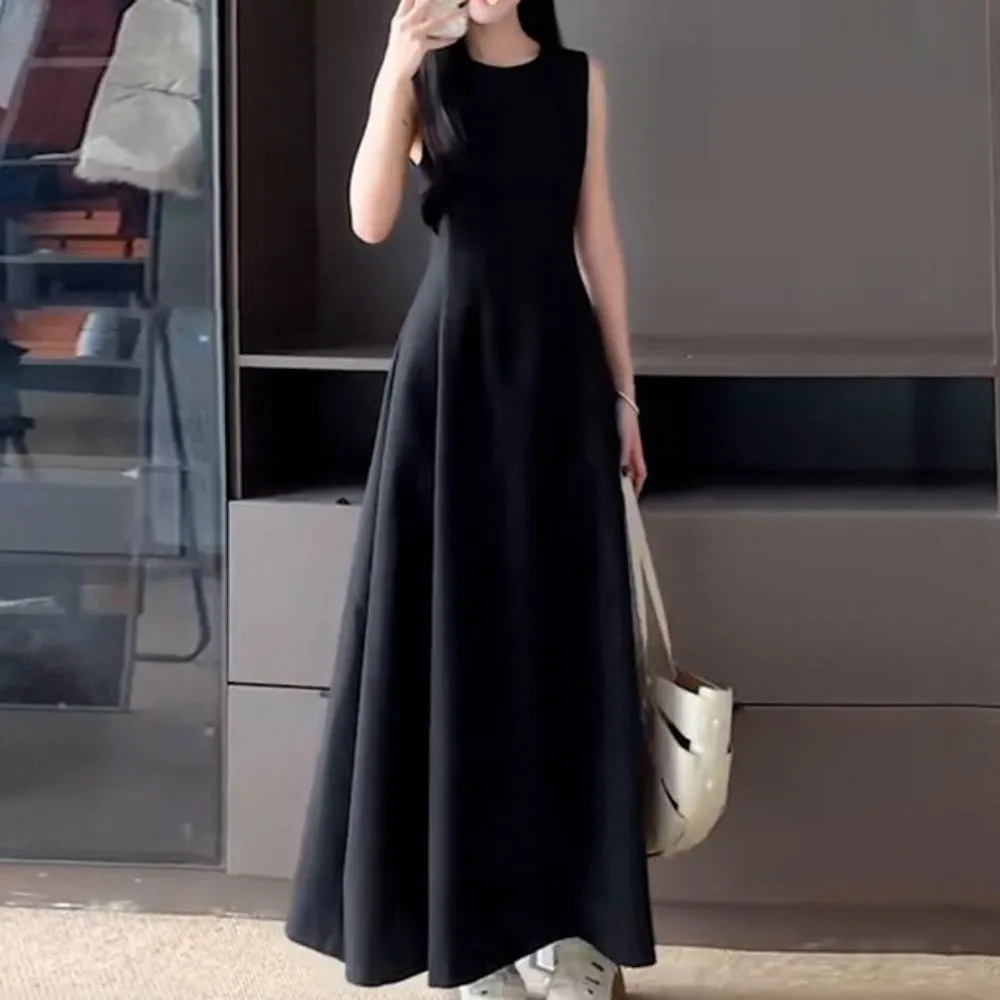 Robe longue sans manches, col en U, gilet sans manches, tempérament, couleur unie, jupe longue élégante pour femmes, robe coréenne de mariage