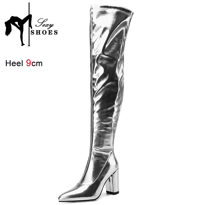 Spring/Autumn Over-the-Knee Women's Boots Thick Heel  Pointed Toe Zipper Square High Heel Thigh Boots Elastic Riding Boot Female