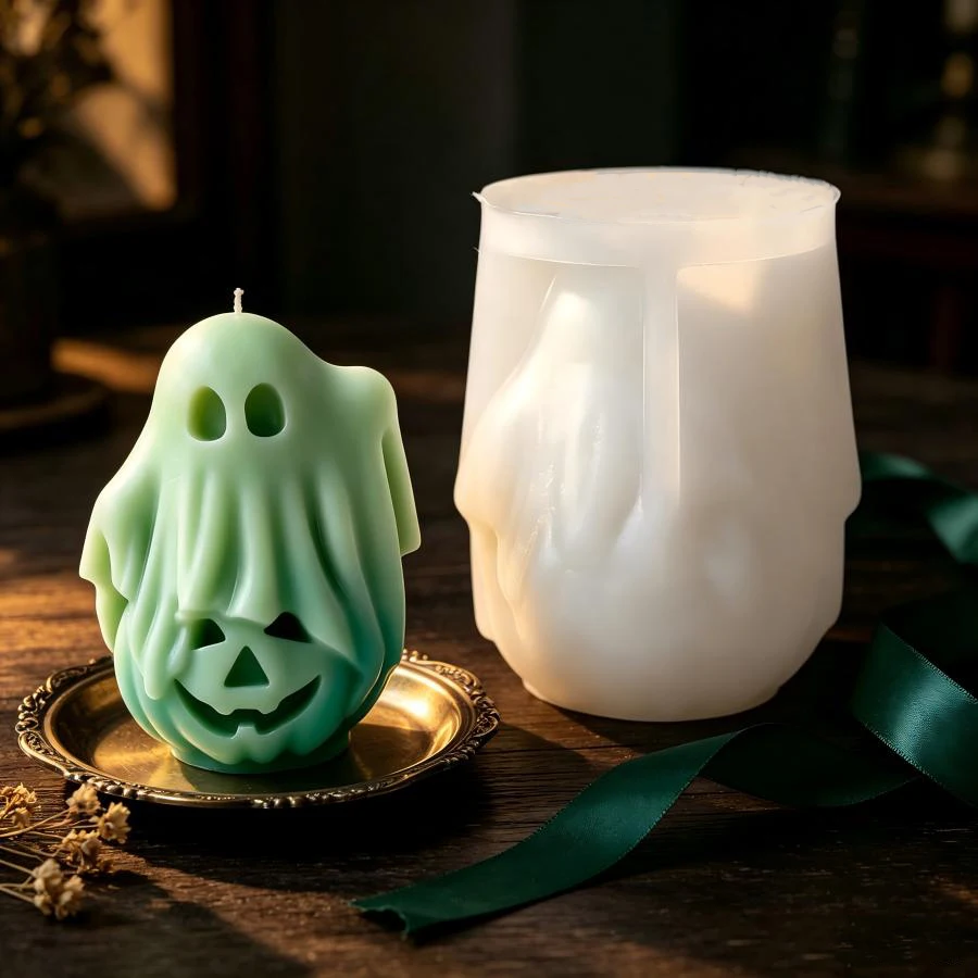Smiling Pumpkin Ghost Silicone Candle Mold, DIY Halloween Decorative Candle Gypsum Craft Cement Mold, Halloween Decorative Gift.