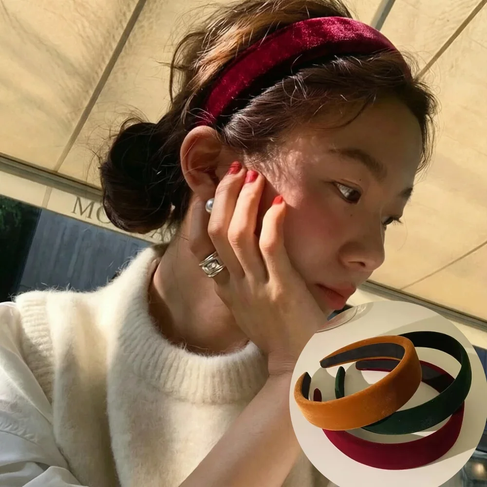 Vintage Velvet Headband Wide Cross Thin Padded Hairband Plain Color Headbands Simple Daily Women Hair Accessories