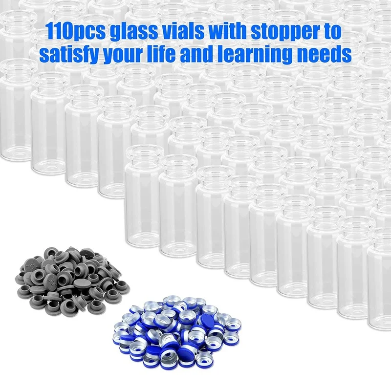 10 ml Clear Glass Vials, 100 Pcs Glass Headspace Vial with Plastic Aluminum Flip Caps and Rubber Stoppers