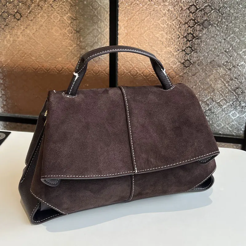 

Vintage Handbag French Fashion Advanced Frosted Suede Flap Shoulder Bag Light Luxury Autumn Brown Crossbody Bag Commuter ToteBag