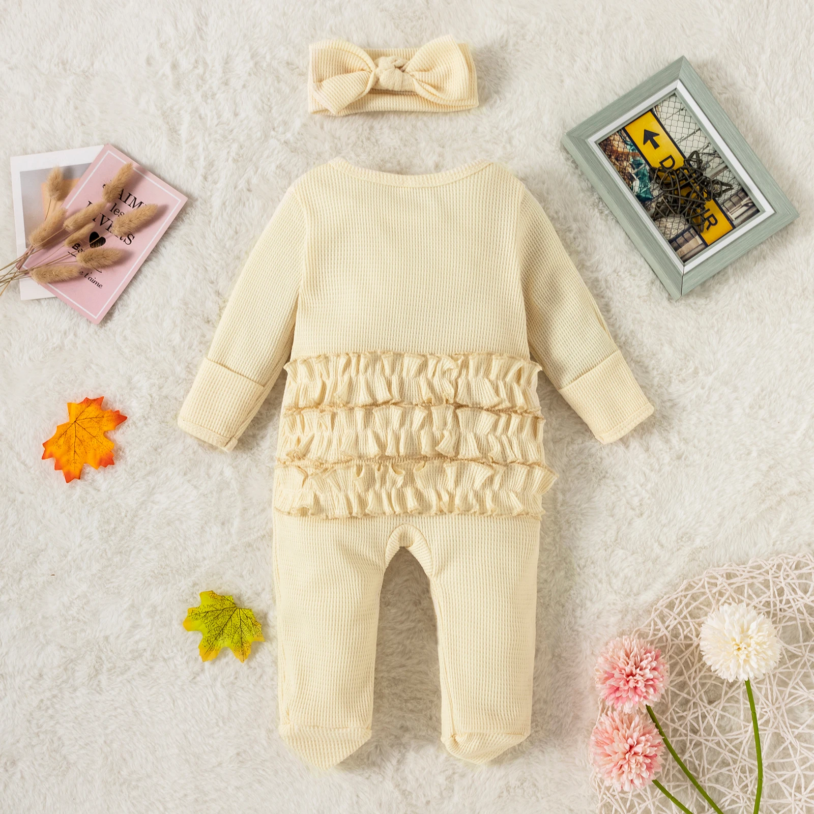 Infant BabyGirl Footies Rompers Solid Color Long Sleeve Jumpsuits Winter Fall Clothes Bodysuits with Headband