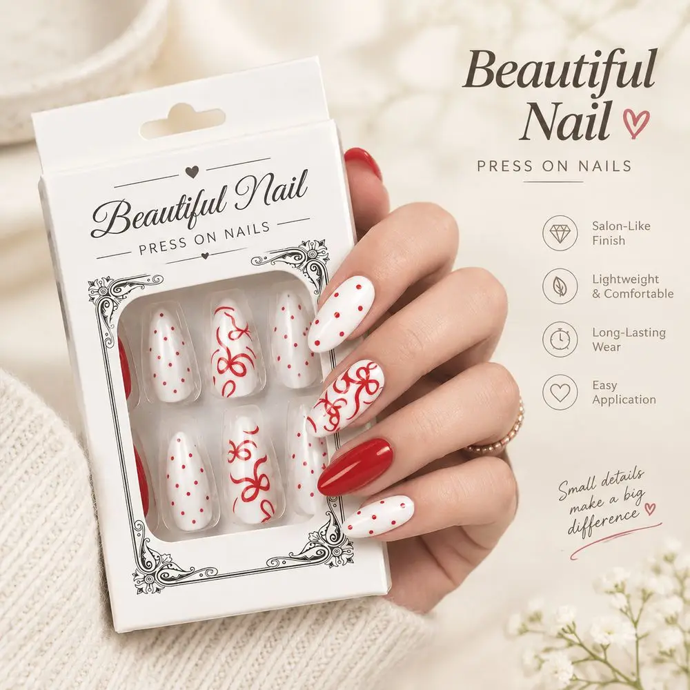 24Pcs Sturdy Build Sophisticated False Nails Dot Bow Pattern Almond Shape for Formal Occasion Event Wear Nail Pack