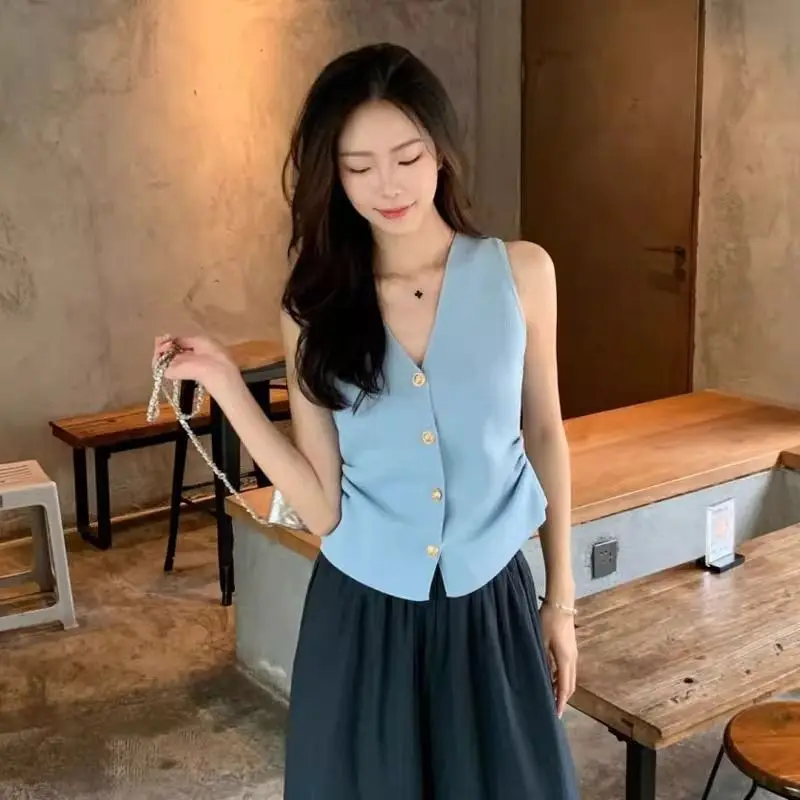 

Women Clothing Summer Fashion Casual Button Solid Color V-neck Female Simplicity Temperament Appear Thin Sleeveless Cardigan Tan