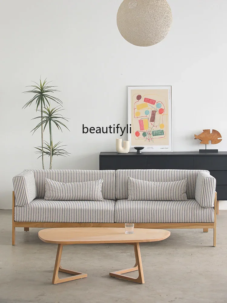 

zxqModern Minimalist Nordic Mid-Ancient Solid Wood High-End Cotton and Linen Fabric Sofa Living Room New Three-Seat Cream Style
