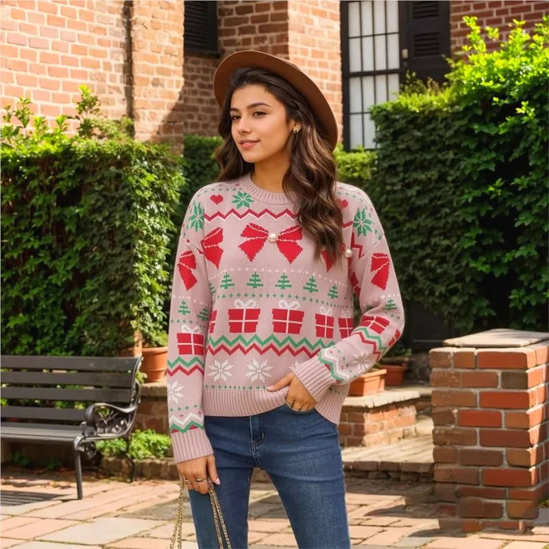 Women Christmas Knit Sweater Winter O-neck Xmas Gift Bow Snowflake Tree Pattern Pullover Ladies Casual Loose Party Jumper