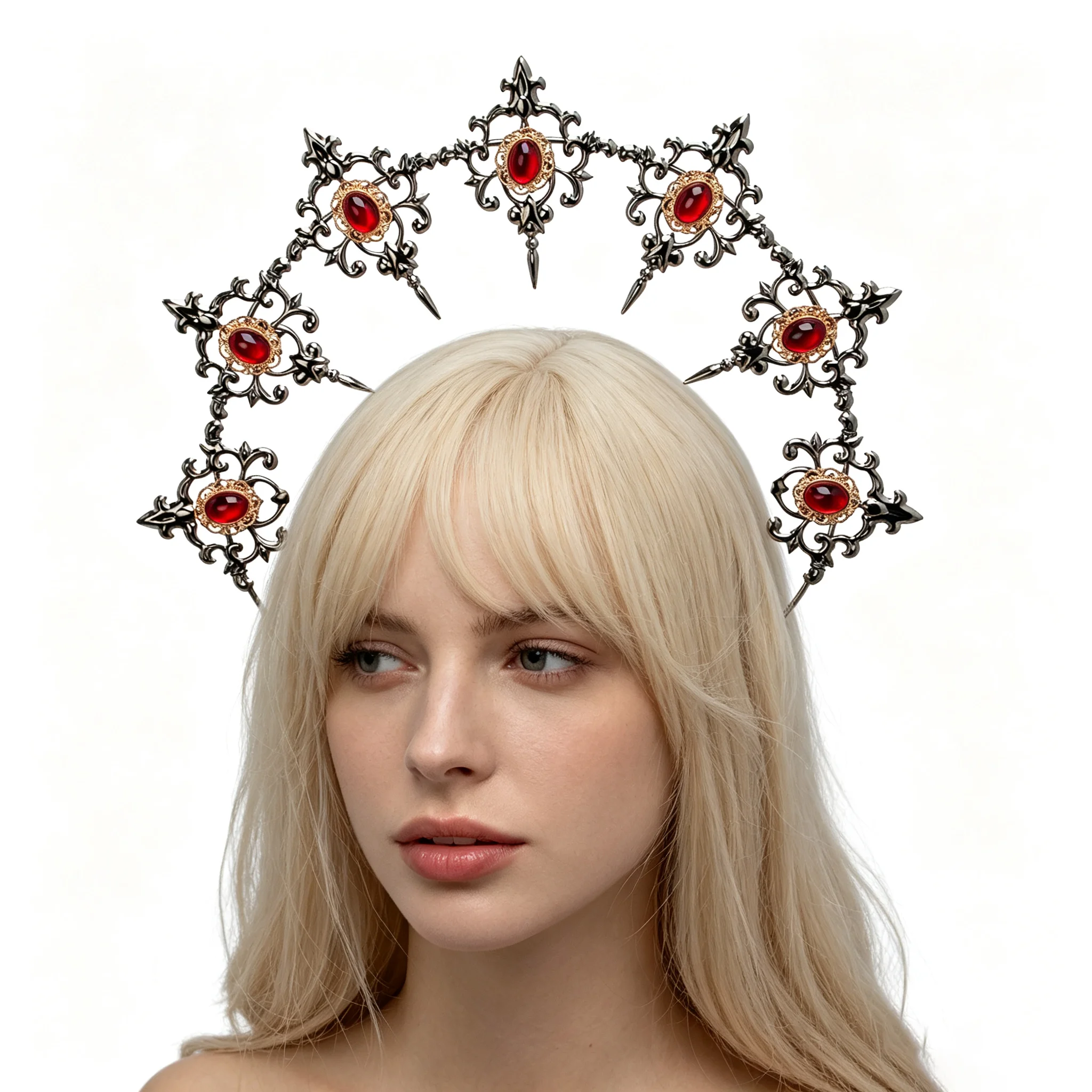 Gothic Red Gem Halo Crown Vintage Metal Spiked Mary Headpiece Goddes Tiara Crown for Cosplay Wedding Halloween Party Photo Shoot