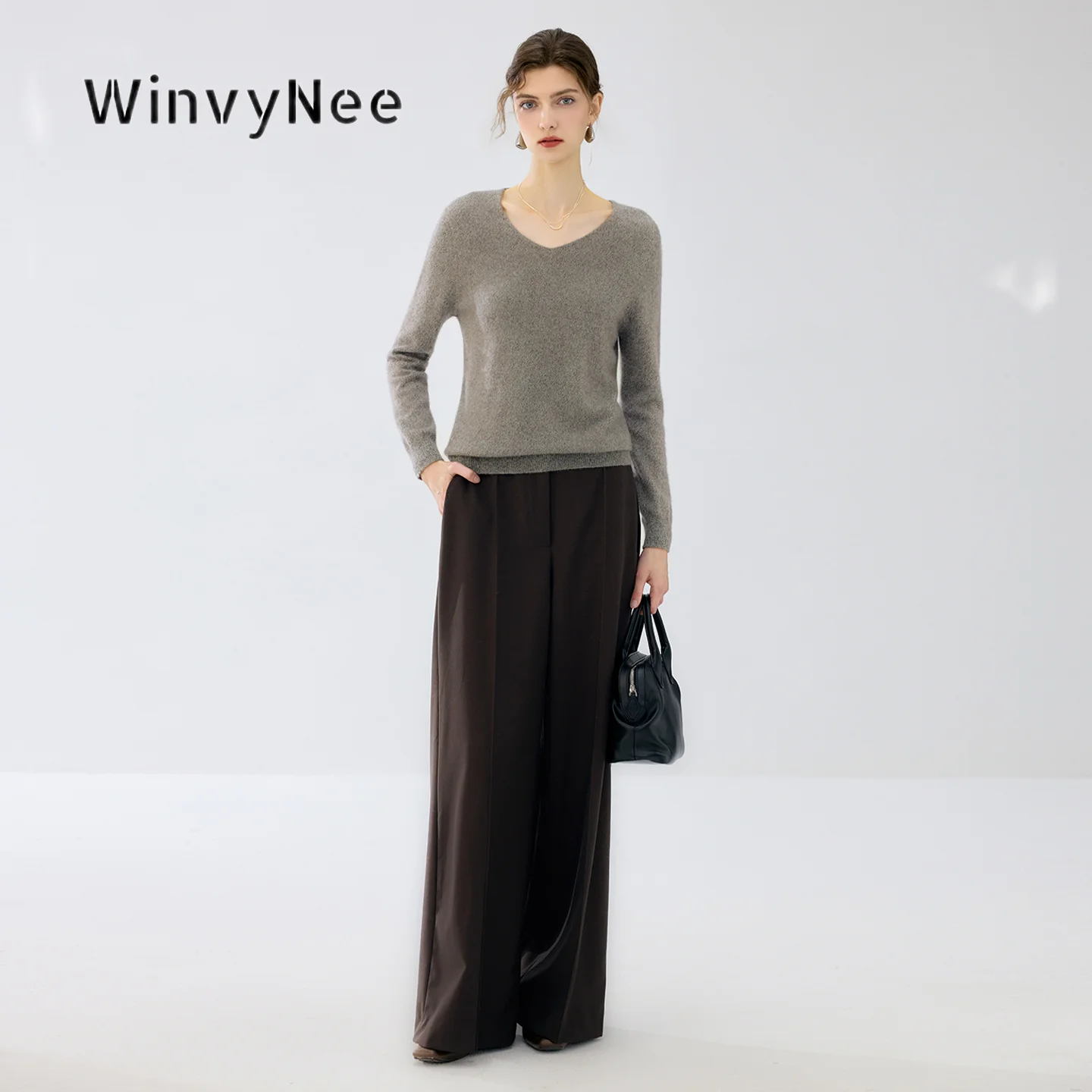 WinvyNee Women Fine Craft Gentle Touch Sweater Cashmere V Neck Long Sleeve Knit Garment Autumn Winter Elegant Base Wear A1944004