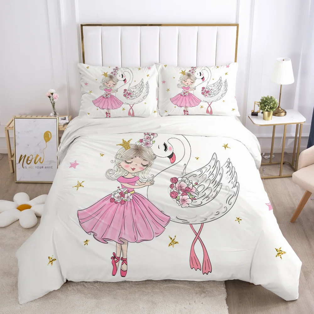 Cute Princess Cartoon Bedding Set for Kids Crib Duvet Cover Set Pillowcase Blanket Quilt Cover Pink Swan for Girl Christmas Gift