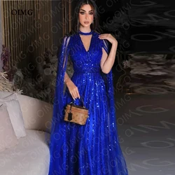 OIMG Royal Blue Tulle Shiny Long Prom Dress Gowns O Neck Vintage Beads Sequins Night Evening Dress Dubai Party Formal Gown