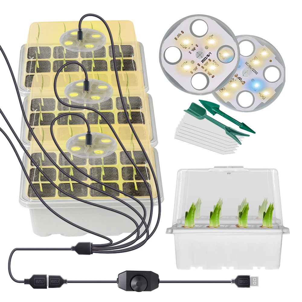 11cm 12-cells Indoor Garden Seedling Trays Germination Box with Grow Light 8/4 LED Full Spectrum Plant Germination Grow Seed Box