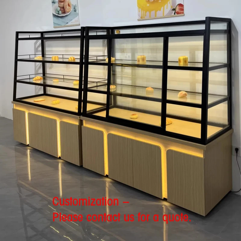 Vitrina Exhibidora de Pan y Pasteles Grande con LED para Panadería Japonesa Comercial, Uso en Centros Comerciales, Construcción de Madera con Parte Trasera de Vidrio