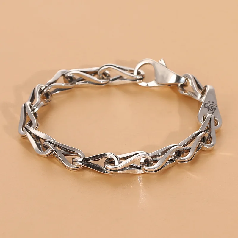 

S925 sterling silver bracelet guochao hip hop stylishmen silver chain casual melon seed chain naked chain retro hand jewelry