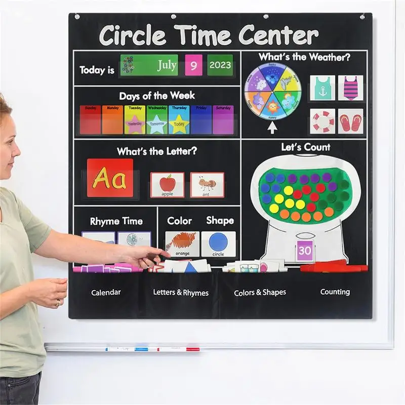 Calendario de bolsillo de tiempo circular para preescolar, tabla de números de calendario de aprendizaje, tabla de bolsillo, palabras, imágenes de rima