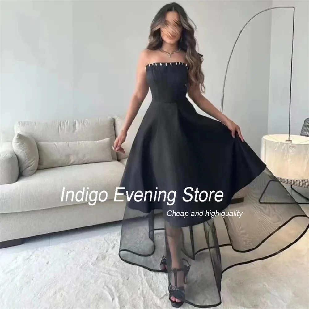 Indigo Elegant A-Line Prom Dresses Strapless Sleeveless Satin Beading Open Back Evening Gown Women Robes De Soirée Customized