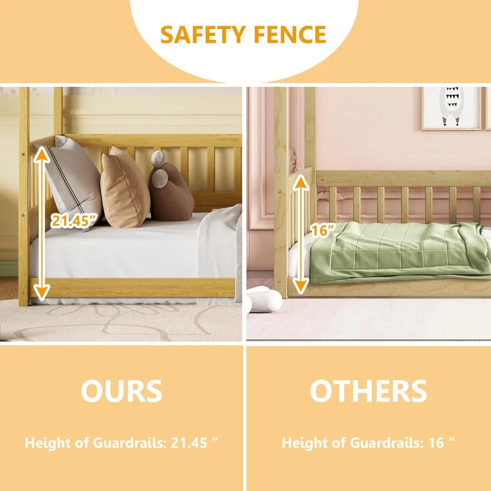 إطار سرير بمظلة مزدوج الحجم من Bellemave مع 4 ملصقات ودرابزين حماية، سرير أرضية مونتيسوري بحجم مزدوج مع سياج مرتفع، سهل التجميع #6