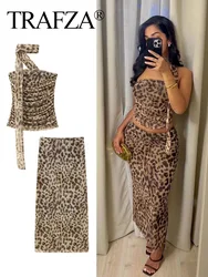 TRAFZA Summer Woman Leopard Print Skirt Sets Vintage Off Shoulder Slim Crop Tube Top Female Elegant High Waist Pencil Midi Skirt