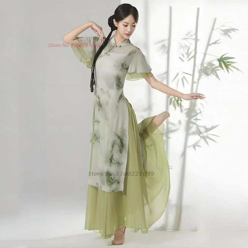 2025 chinese folk dance dress flower print chiffon qipao tops+pants set traditional dancer training exercise stage performance