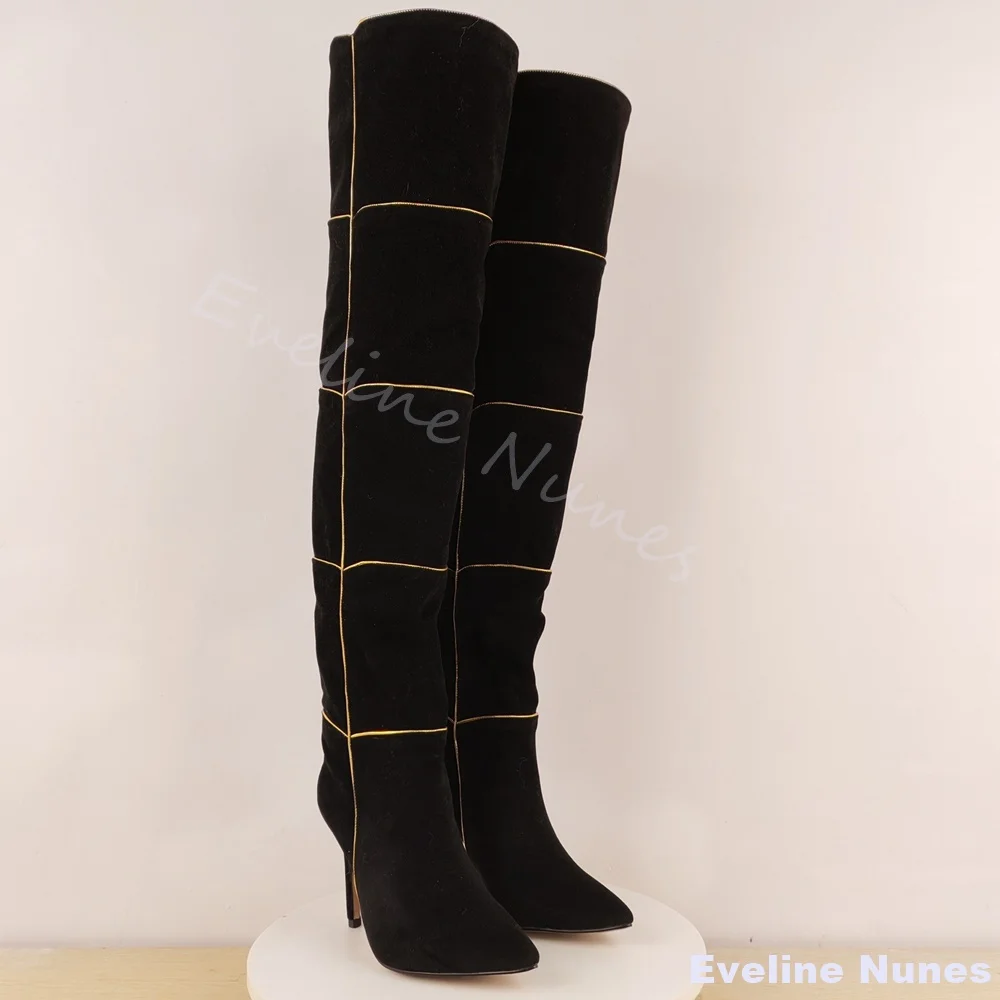 

Gold Stitching over the knee boots women black suede pointed toe stiletto heel slip on long boots catwalk party Luxury boots