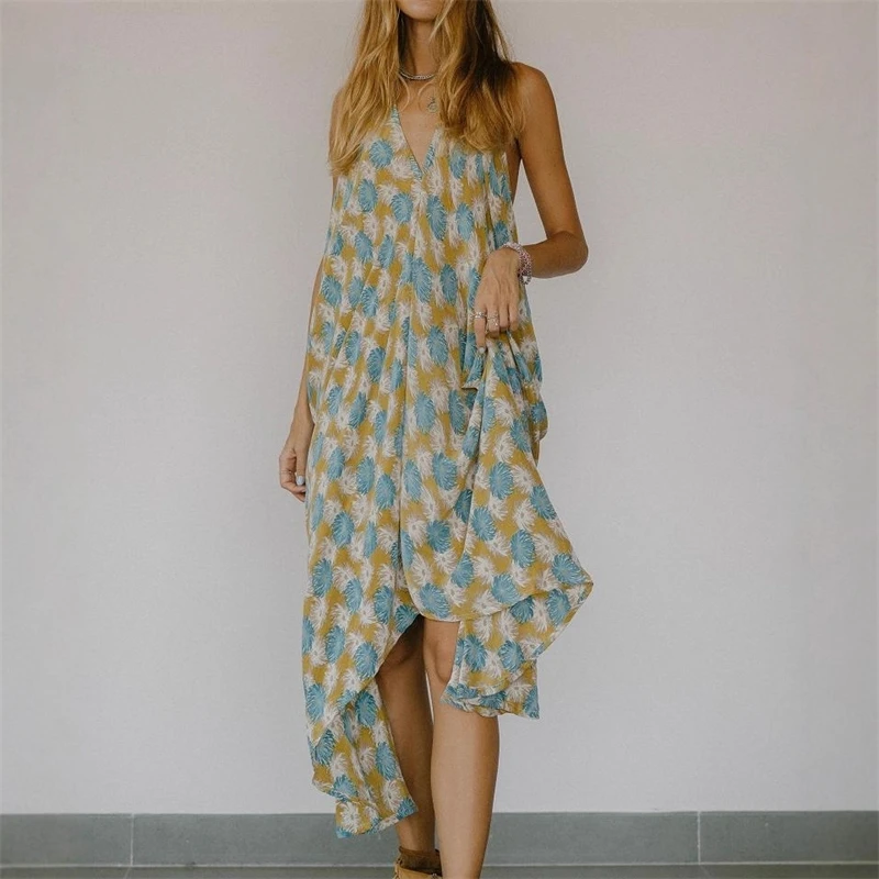 Backless Hollow-Out Holiday Long Dress V-Neck Sleeveless Irregular Hem Floral Print Suspender Style For Women Beach Party Summer