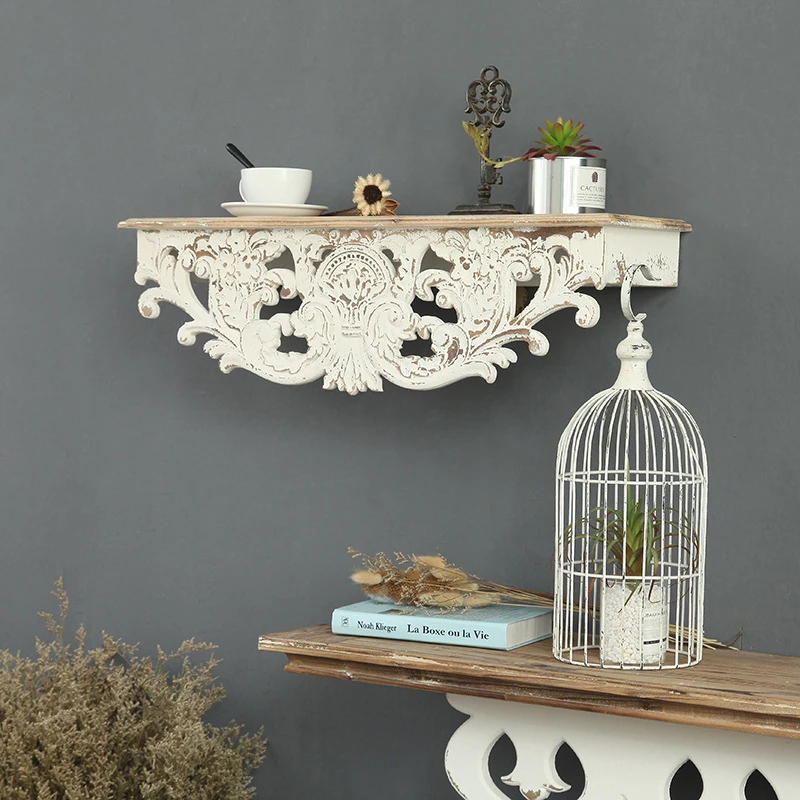 

white hand carved retro vintage wood wall shelf