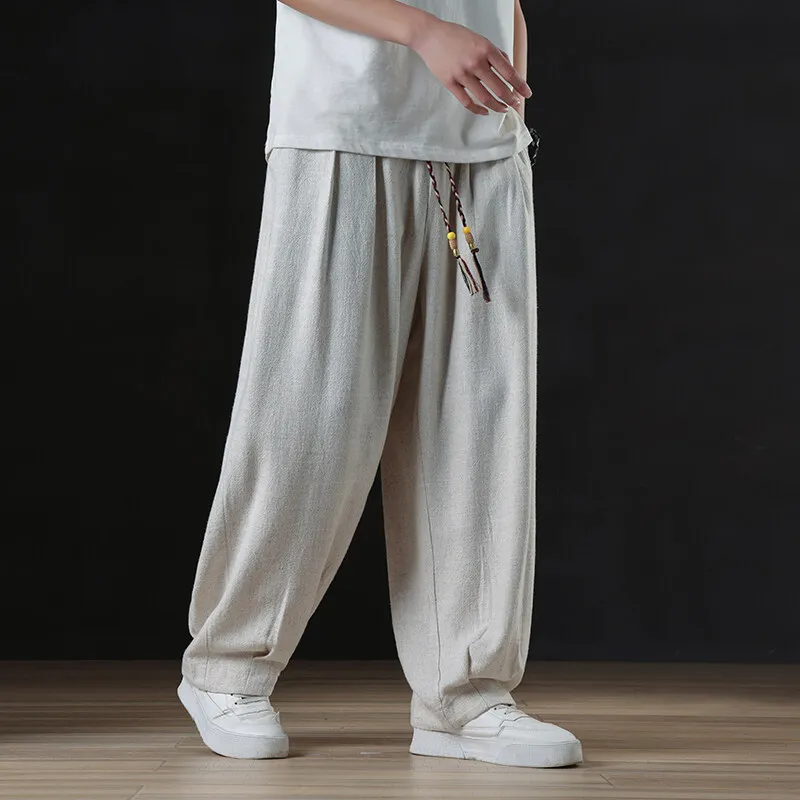 

Linen Men's Wide Leg Pants Draped Loose Fit Casual Trousers plus Size Chinese Sle Cotton Linen Breathable Summer Leisure Pants