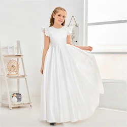White Satin Flower Girl Dress For Wedding Elegant Pearls Puffy With Bow Princess Birthday Party First Communion Dress Ball Gowns