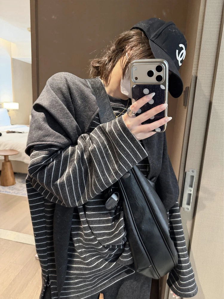 

Женская футболка OHLABABY с длинным рукавом и флисовой подкладкой, свободного кроя, с круглым вырезом, в полоску, средней длины, базовая модель