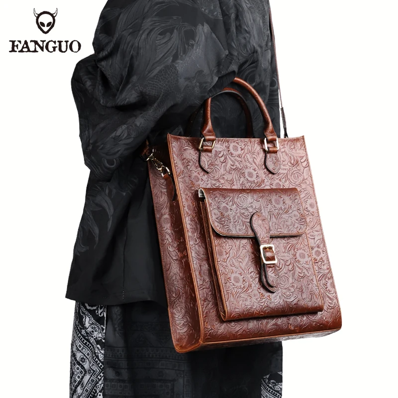 Men Briefcase Genuine Leather Laptop Bag For 14 inch Handbag Tote Retro Cowhide Shoulder Crossbody Bag Bag