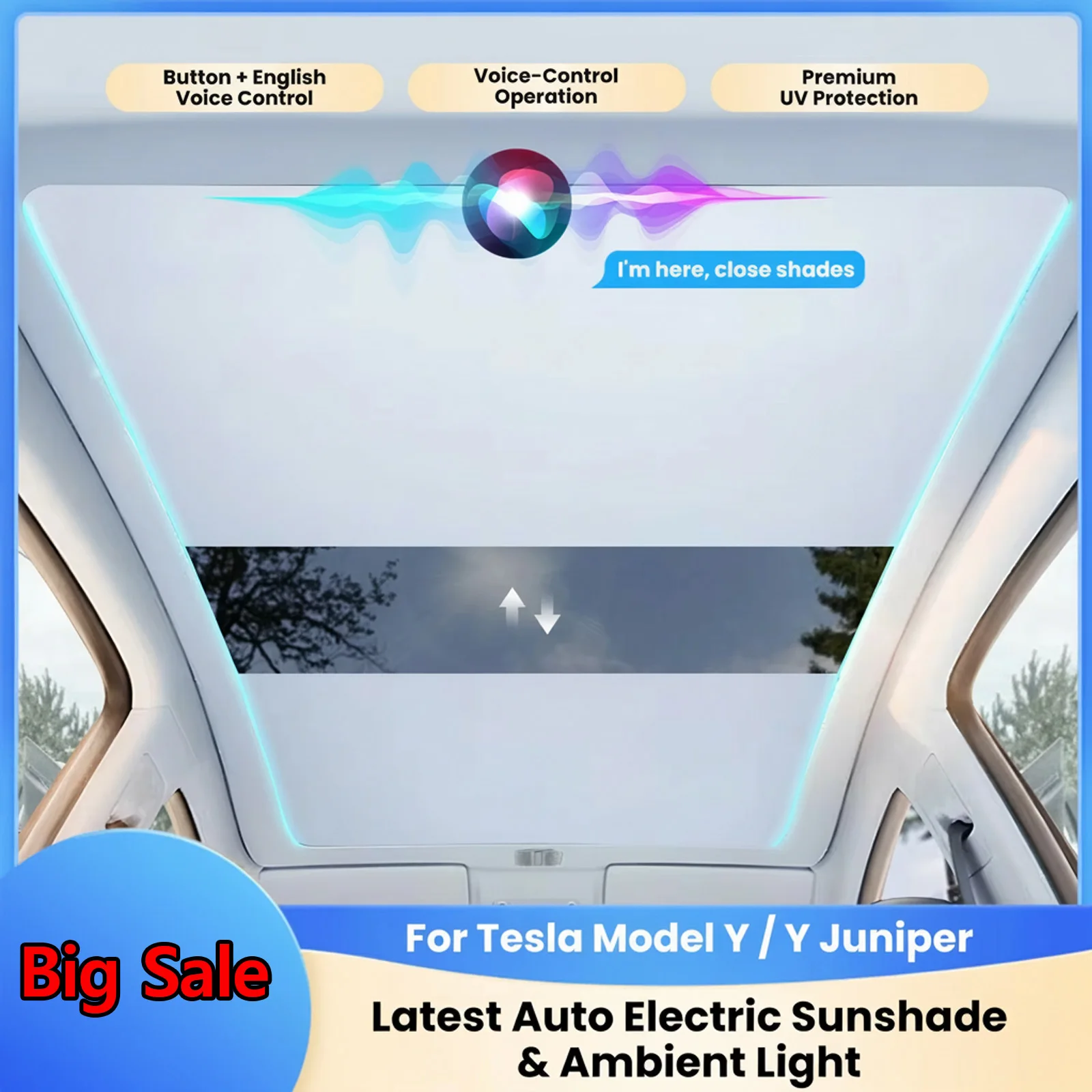

New Voice Control Electric Sunshade for Tesla Model Y Ambient Light New Y Juniper Roof Visor Button Sunroof Sun Shade UV Protect
