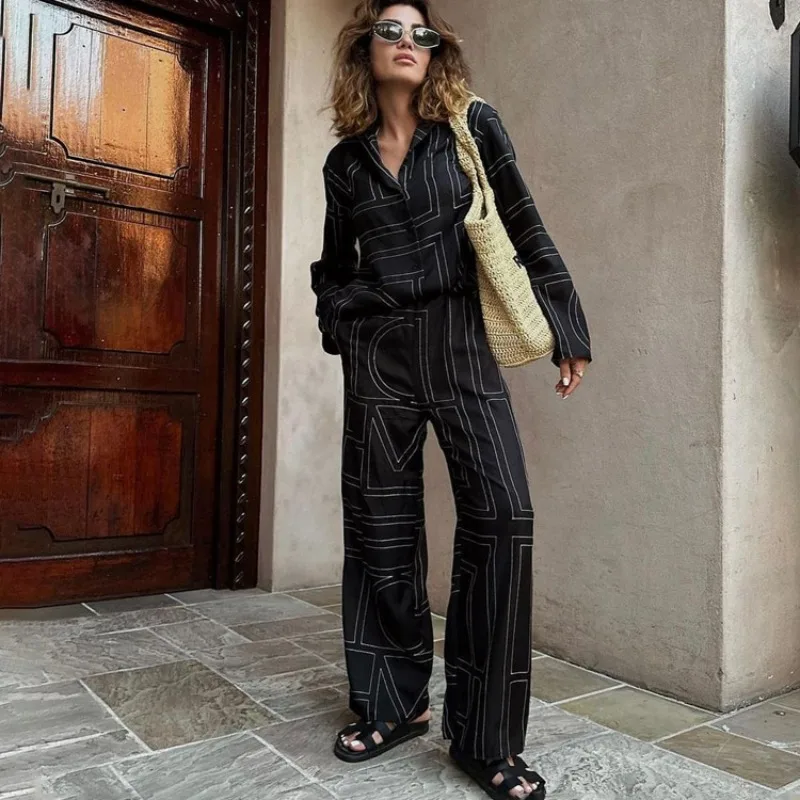 2023 Autumn Winter Letter Print Suit Women Long Sleeve Single-Breasted Turn-down Collar Shirt Top Mid Waist Straight Pants Suit